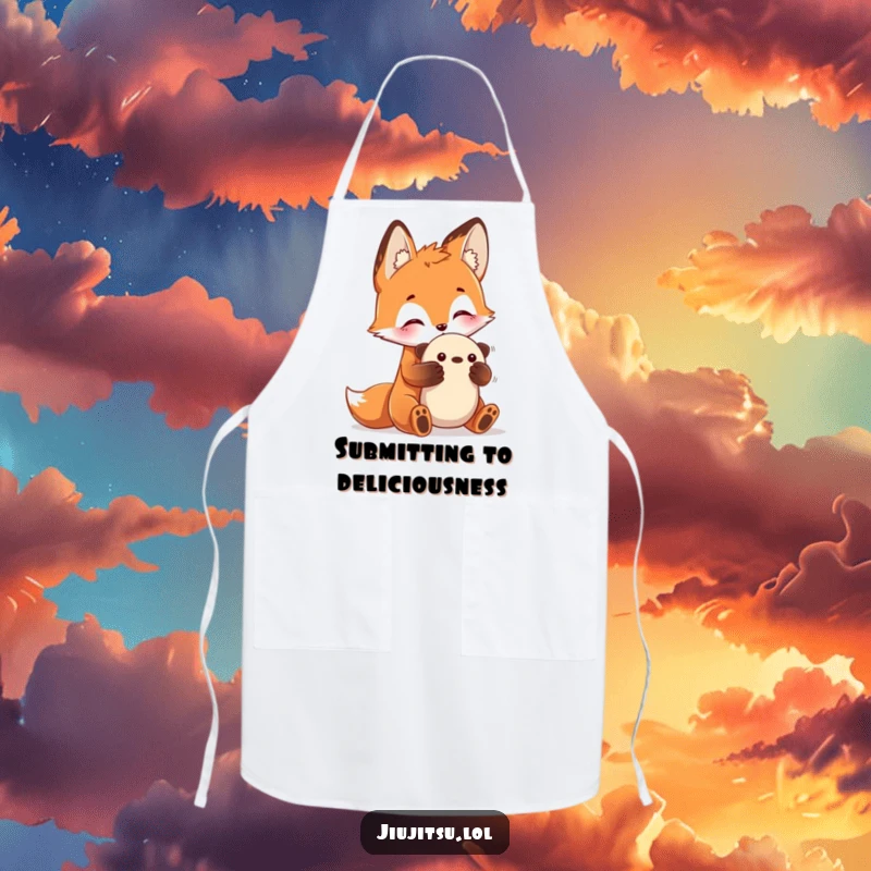 Funny Fox Submission Apron with a curious fox practicing a submission hold on a plush toy, practical and a funny gift.
