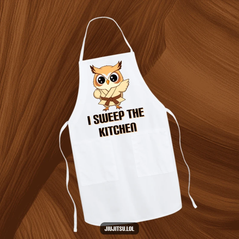 Funny Owl Judo Sweep Apron: A small owl in a gi executes a judo sweep while cooking, adding humor to kitchen adventures.
