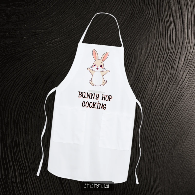 Funny Rabbit Apron: A shy rabbit balances on hind legs, humorously retreating, perfect for kitchen fun.