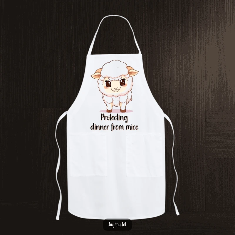 Funny Sheep Guard Apron with a determined fluffy sheep in a low guard stance, practical and a funny gift.