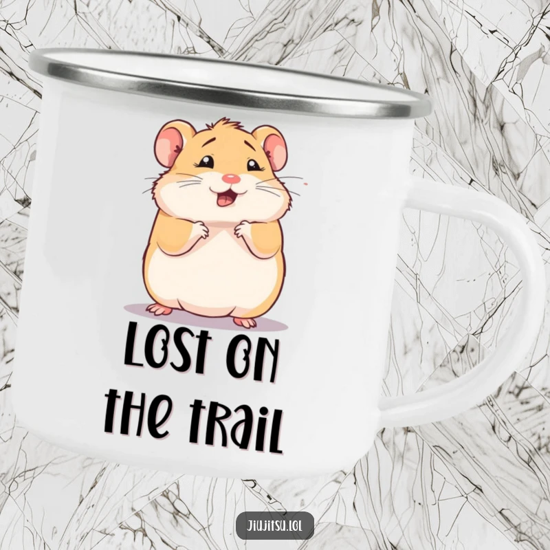 Funny hamster camping mug, squishy animal in a comical defensive roll in the wild, looking dizzy, perfect funny gift.