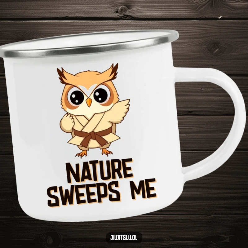 Funny Owl Judo Sweep Camping Mug: A sturdy mug with a round owl in a gi mid-sweep, ready for outdoor action and humorous moments.
