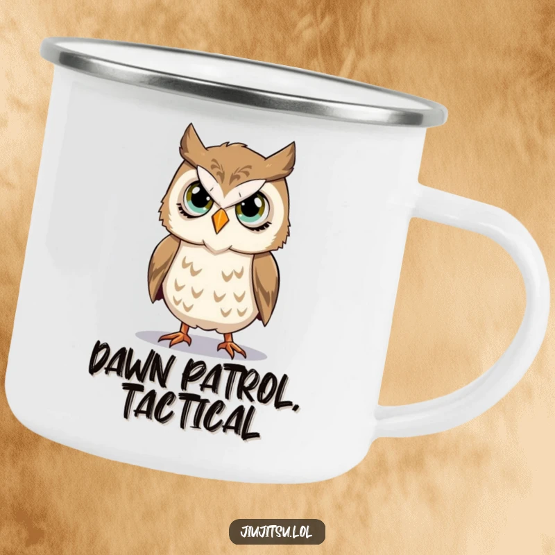 Funny Owl Takedown Camping Mug with a stoic owl practicing a takedown, perfect for enjoying drinks on the go.