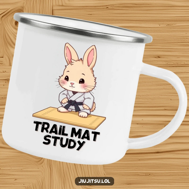 Funny Rabbit Judo Mat Study Camping Mug: A sturdy mug with a curious rabbit in a judo gi studying a mat, ready for outdoor thought.