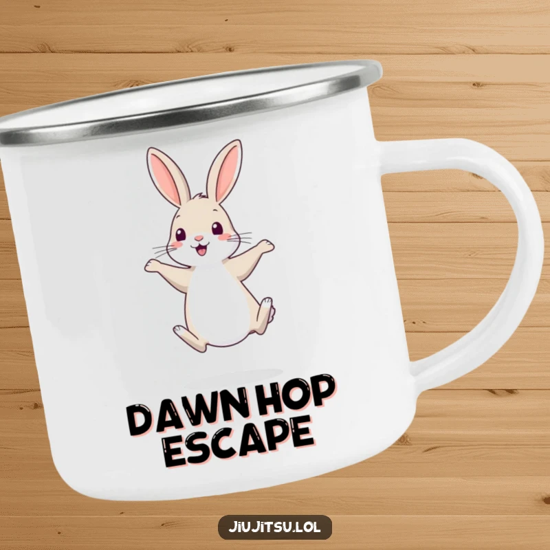 Funny Rabbit Camping Mug: A shy rabbit humorously retreating on hind legs, for gentle outdoor enjoyment.