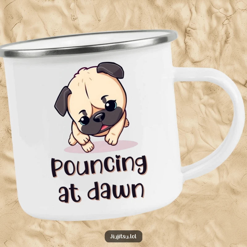 Funny Pug Camping Mug: An energetic pug in a playful pounce, perfect for outdoor enthusiasts who love humor during their adventures.