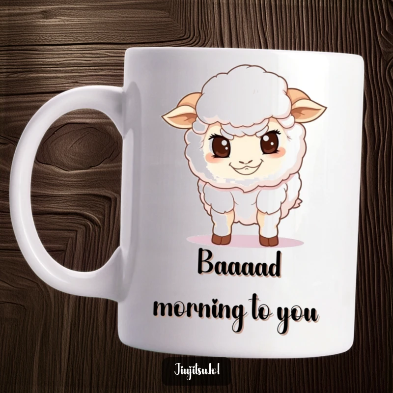 Funny Sheep Guard Mug with a determined fluffy sheep in a low guard stance, embodying protective humor and a funny gift.