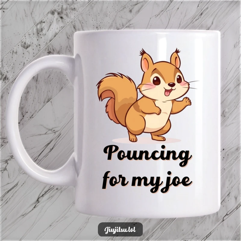 Funny Energetic Squirrel Judo Mug: An agile squirrel in a judo gi playfully pounces forward with boundless energy and a determined spirit.