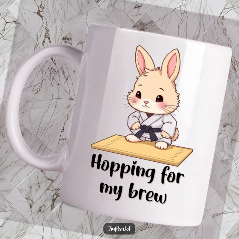 Funny Rabbit Judo Mat Study Mug: A fluffy rabbit in a judo uniform sits attentively, curiously studying the intricacies of a training mat.
