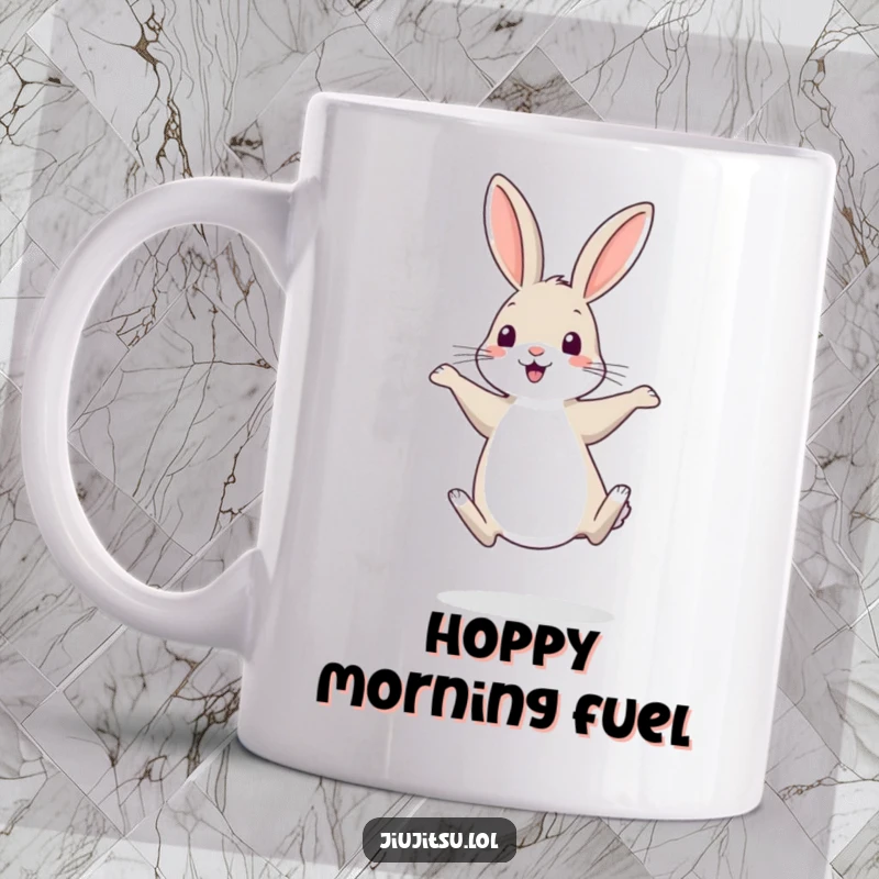 Funny Rabbit Mug: A shy rabbit balances on its hind legs, practicing a funny, comical retreat with tentative steps.
