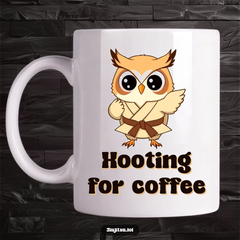Funny Owl Judo Sweep Mug: A small, round owl in a tiny gi playfully attempts a judo sweep, showcasing determination and humor in action.