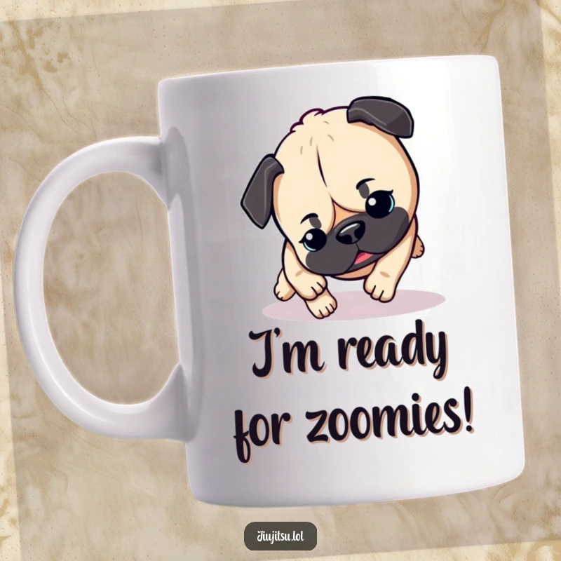 Funny Pug Mug: An energetic pug mid-pounce, ready for fun, showcasing playful excitement and a love for life's adventures.