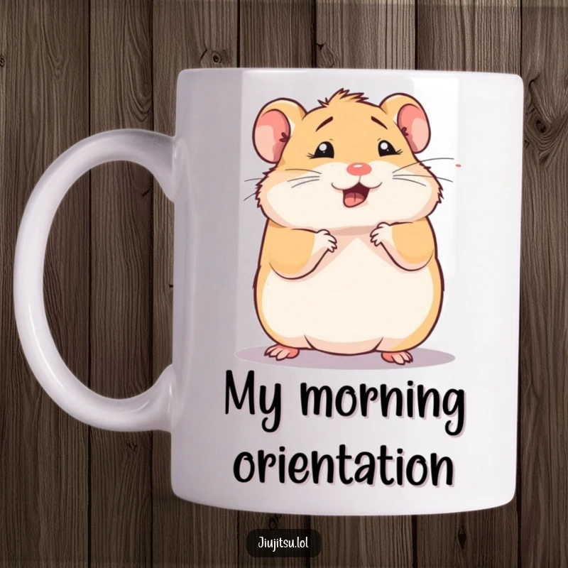 Funny hamster mug, squishy animal performing a comical defensive roll, looking dizzy and cute, symbol of resilience, perfect funny gift.