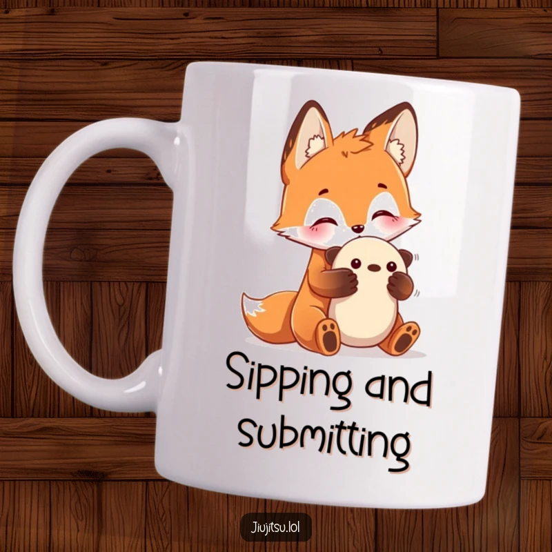 Funny Fox Submission Mug with a curious fox practicing a submission hold on a plush toy, showcasing playful intelligence and a funny gift.