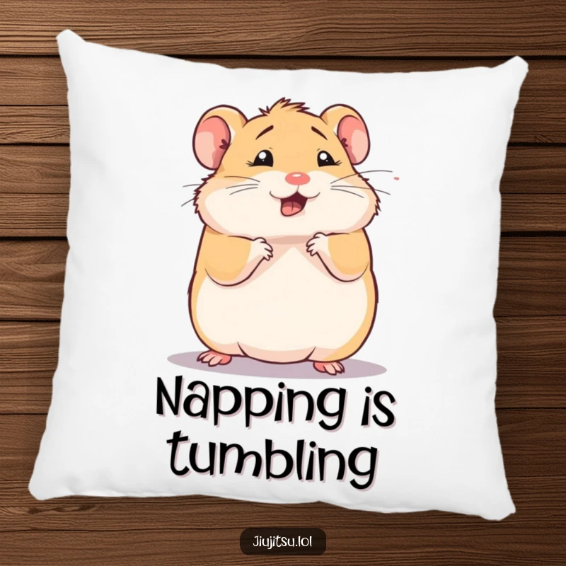 Funny hamster pillow, squishy animal in a comical defensive roll, looking dizzy, plush comfort, perfect funny gift.