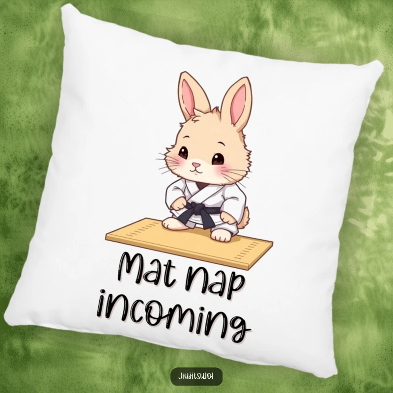 Funny Rabbit Judo Mat Study Pillow: A curious rabbit in a judo uniform studies a mat, providing a soft, comfortable, and intellectually humorous touch.