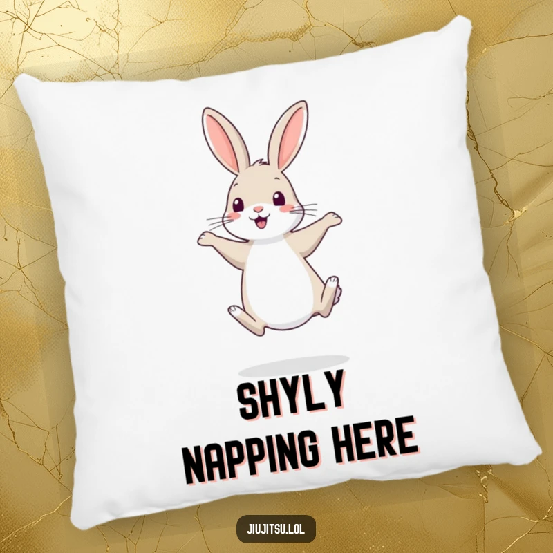 Funny Rabbit Pillow: Features a shy rabbit on hind legs, humorously practicing a retreat, bringing comfort and charm.