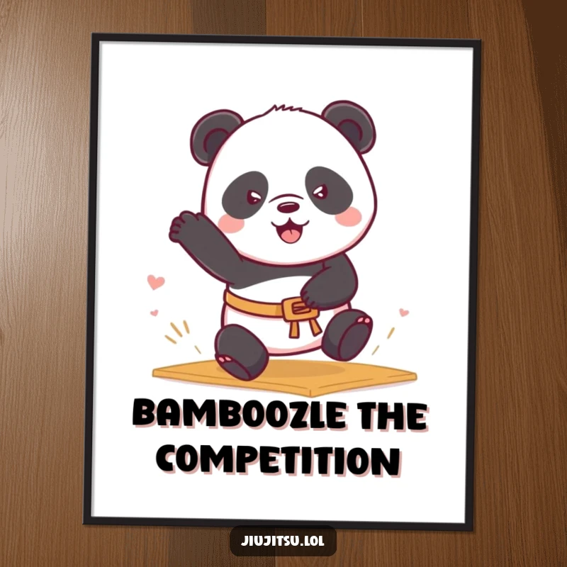 Funny Panda Belt Digital Art Print showing a determined panda in a belt rolling into a mat sweep, instant download, funny gift.