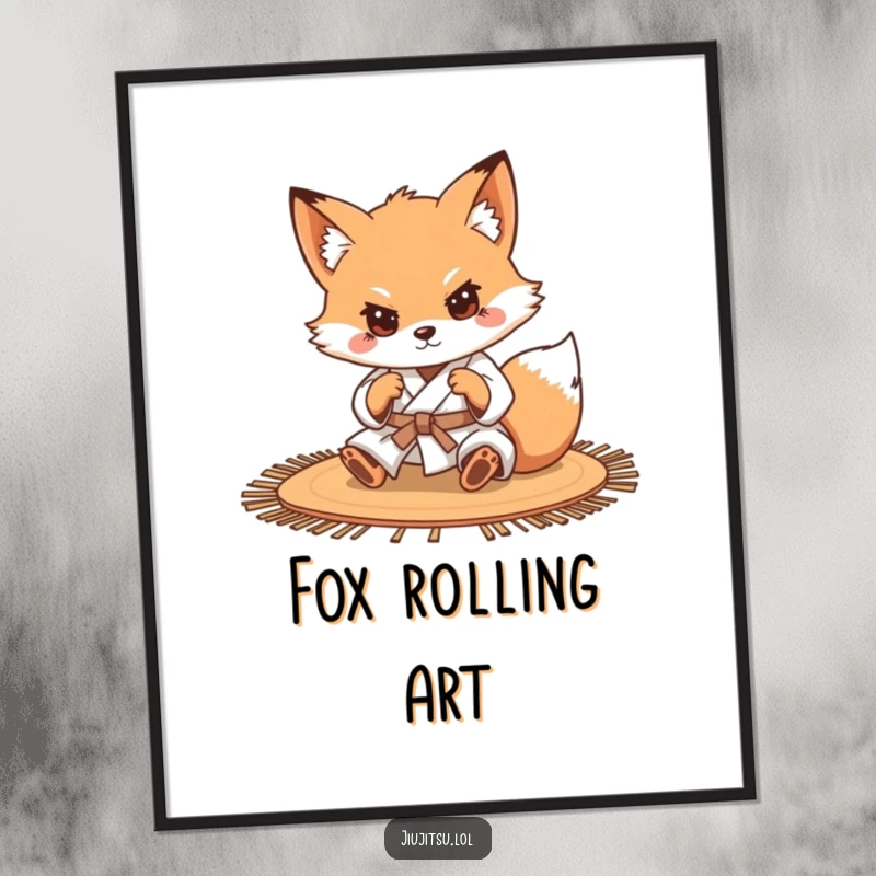 Funny Determined Fox Judo Digital Art Print: A high-resolution image of a determined fox in judo attire rolling on a mat, adding humorous focus.