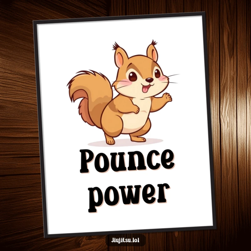 Funny Energetic Squirrel Judo Digital Art Print: A high-resolution image of a dynamic squirrel in judo attire mid-pounce, adding humorous action to any screen.