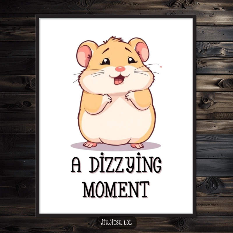 Funny hamster digital art print, squishy animal in a comical defensive roll, looking dizzy, embodiment of playful chaos, hilarious decor.