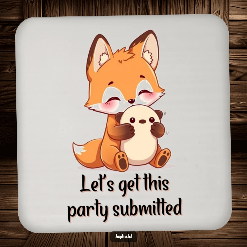 Funny Fox Submission Coasters depicting a curious fox practicing a submission hold on a plush toy, protective and a funny gift.