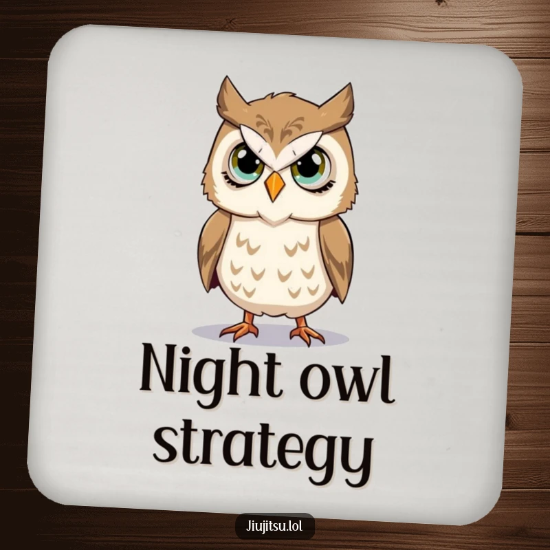 Funny Owl Takedown Coaster featuring a stoic owl with earnest eyes practicing a takedown, adding focused humor to surface protection.