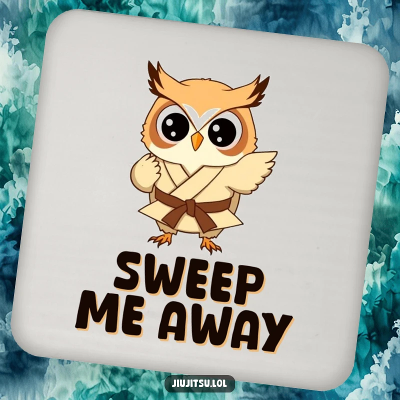 Funny Owl Judo Sweep Drink Coaster: A small owl in a judo gi attempts a sweep, protecting your table with humorous charm.