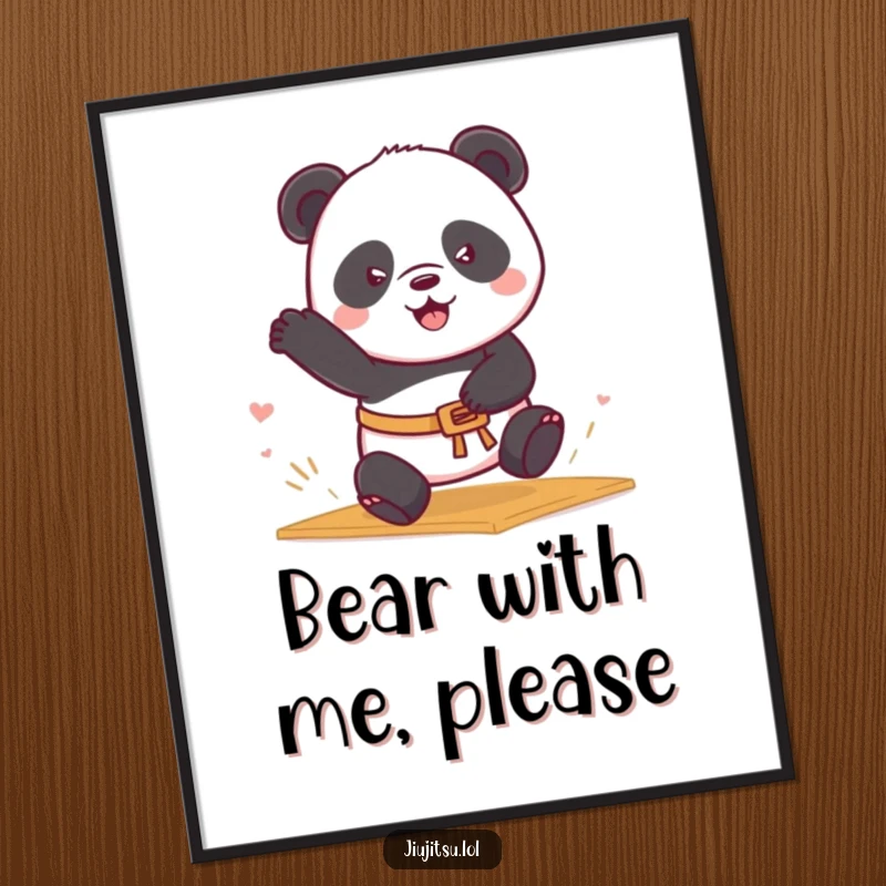 Funny Panda Belt Poster depicting a determined panda in a belt rolling into a mat sweep, motivational and a funny gift.