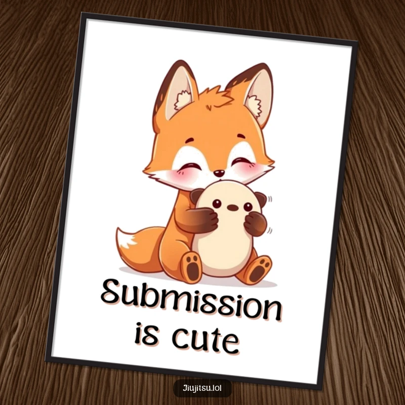 Funny Fox Submission Poster depicting a curious fox practicing a submission hold on a plush toy, whimsical and a funny gift.
