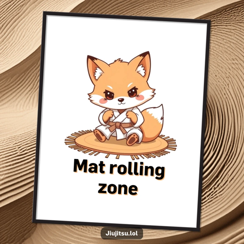 Funny Determined Fox Judo Poster: A focused fox in judo attire diligently rolls on a mat, radiating determination and humorous grappling action.