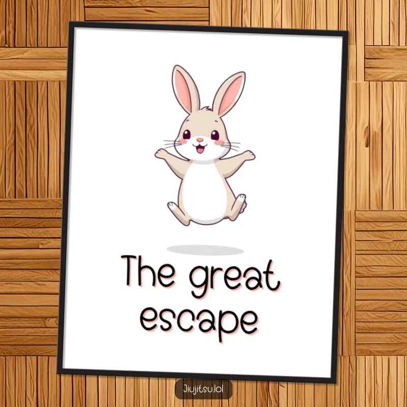 Funny Rabbit Poster: Depicts a shy rabbit humorously retreating on its hind legs, perfect for adding gentle wit to decor.