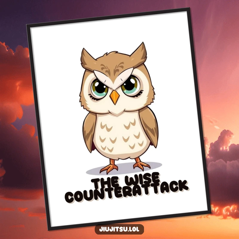 Funny Owl Takedown Poster showing a stoic owl with earnest eyes attempting a simple takedown simulation, adding focused visual humor.