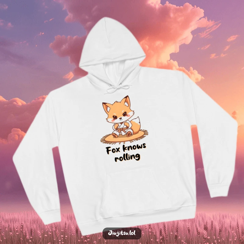 Funny Determined Fox Judo Hoodie: A focused fox in a judo gi rolls on a mat, offering warmth and determined humor.