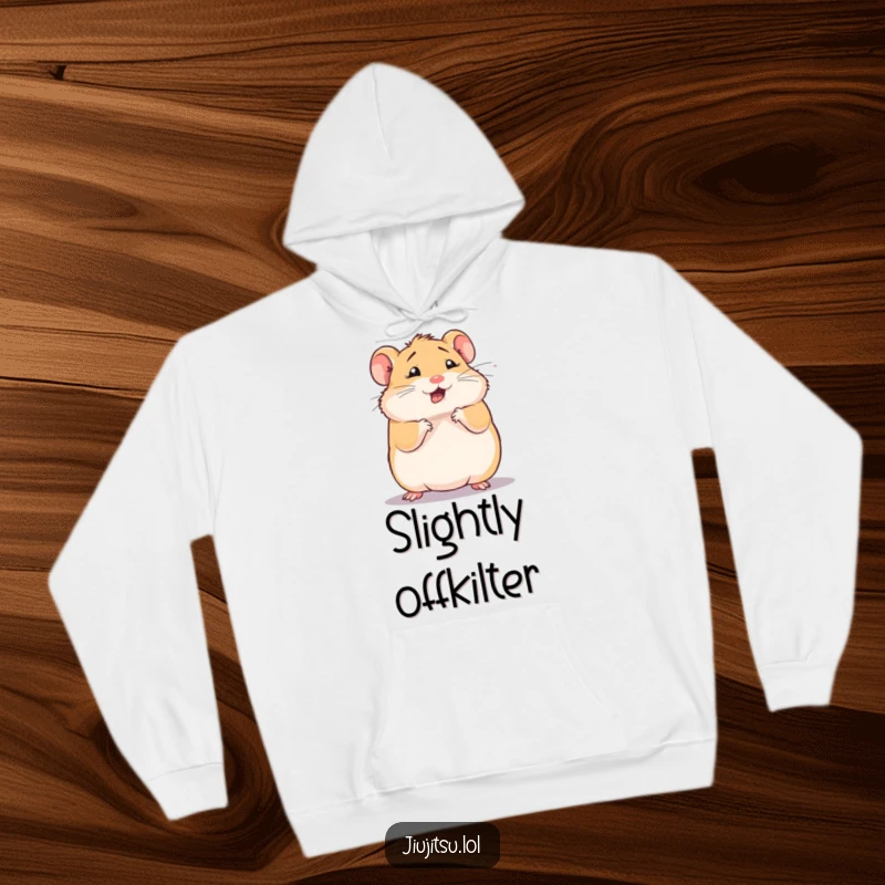 Funny hamster hoodie, squishy animal performing a comical defensive roll, looking dizzy, cozy and humorous, perfect funny gift.