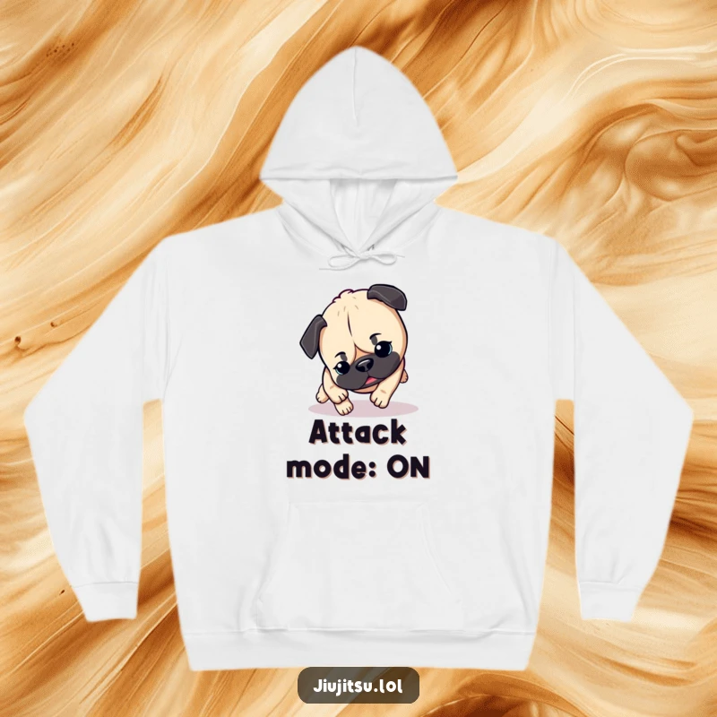 Funny Pug Hoodie: Features a determined yet friendly pug in a hilarious mid-pounce action, full of boundless energy and playful spirit.