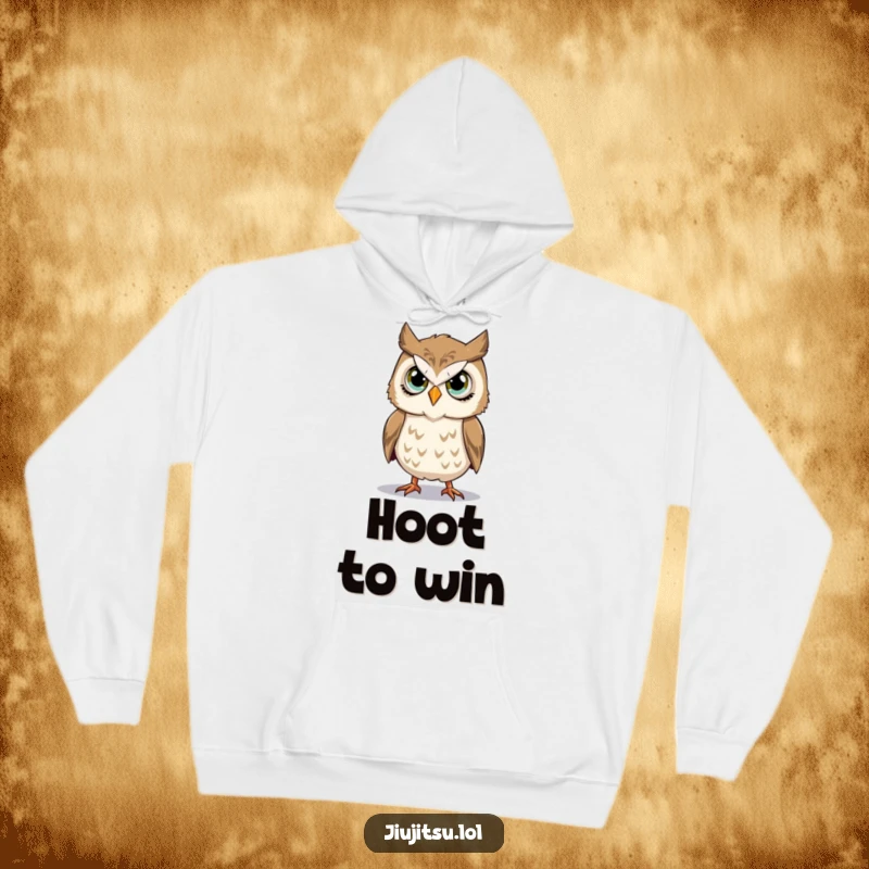 Funny Owl Takedown Hoodie featuring a stoic owl with earnest eyes practicing a takedown, offering warm and humorous protection.