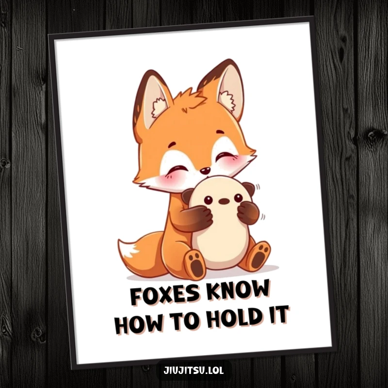 Funny Free Printable Wall Art: A curious fox with perked ears practices a gentle submission hold on a plush toy, adding wit.