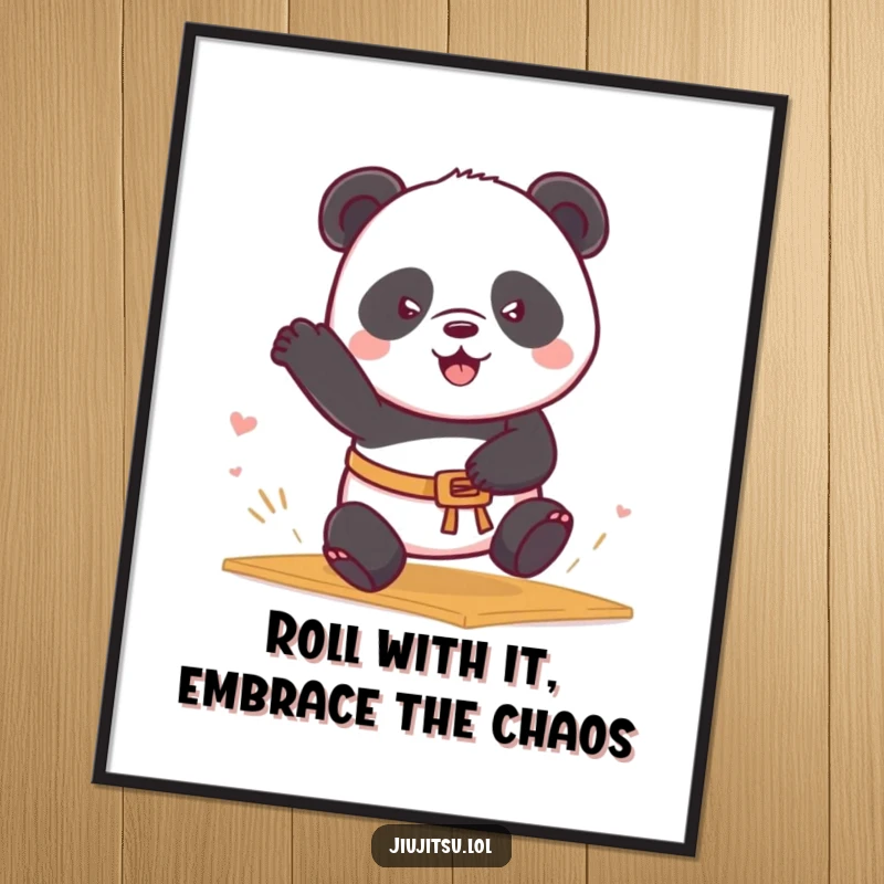 Funny Free Printable Wall Art: A determined panda bear in a tiny belt rolls into a playful mat sweep, adding martial arts fun.