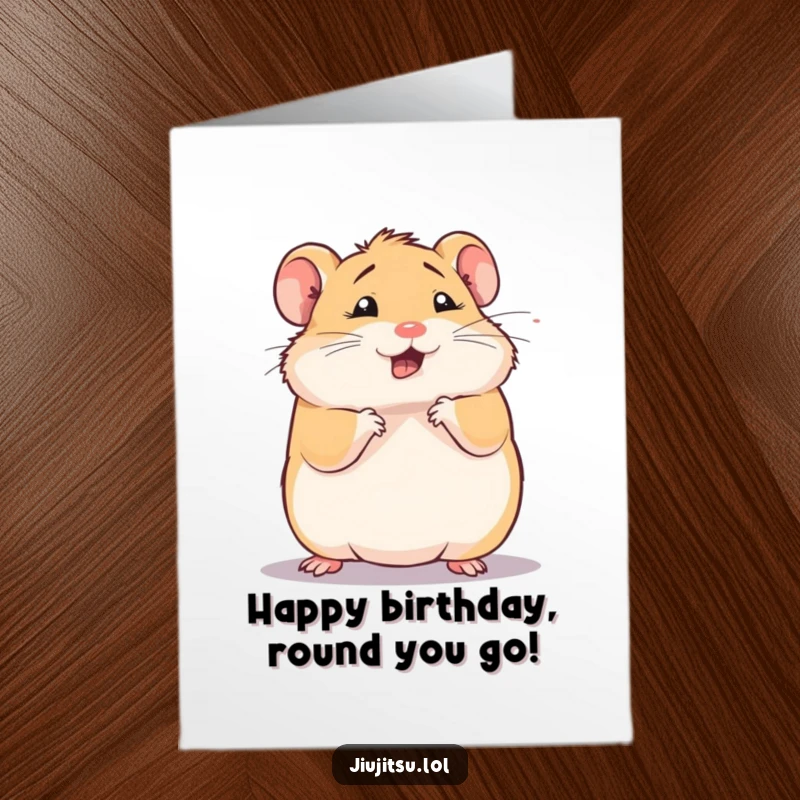 Funny Free Printable Birthday Card: A squishy hamster doing a comical defensive roll, looking dizzy, wishing a happy birthday.