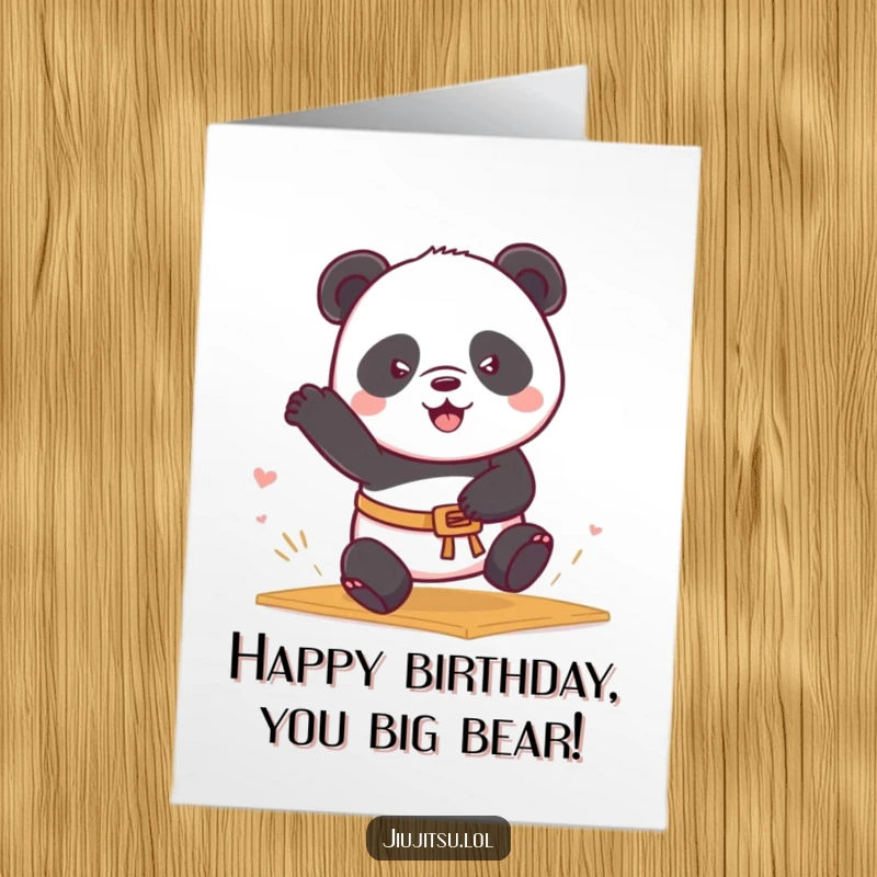 Free Printable Birthday Card: A determined panda in a tiny belt rolls into a playful mat sweep, celebrating your special day.