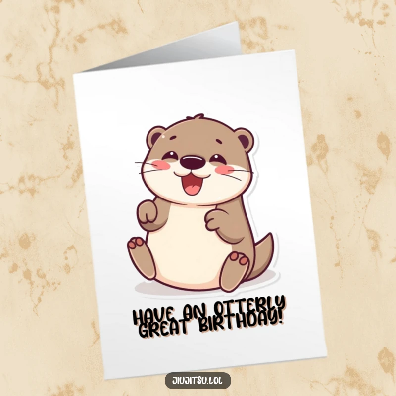 Funny Free Printable Birthday Card: A delighted otter doing a playful submission roll, celebrating your special day with pure joy.