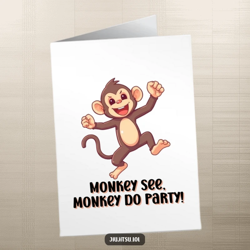 Funny Free Printable Birthday Card: Mischievous monkey mid-swing, ready to spar, perfect for a kid's party.