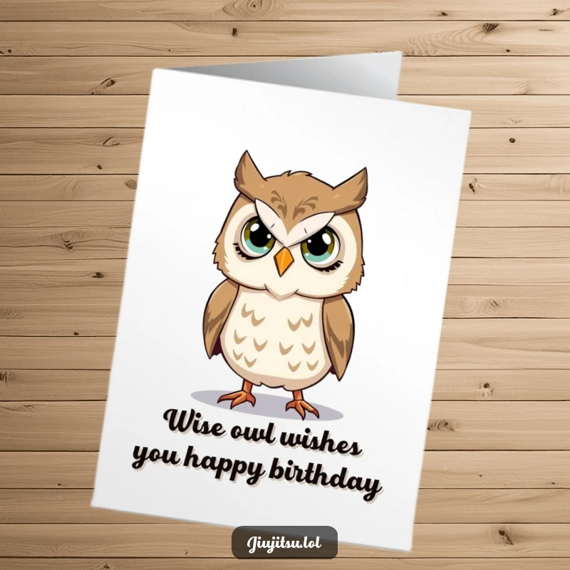 Funny Free Printable Birthday Card: Stoic owl with earnest eyes, practicing a takedown, humorous and cute.