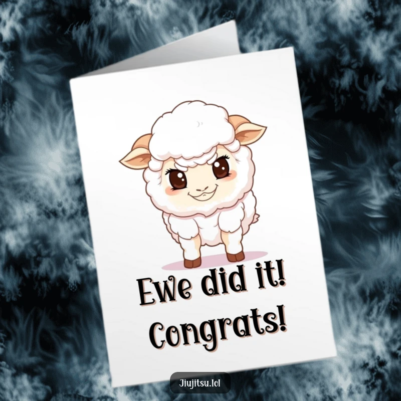 Free Printable Congratulations Card: A determined white sheep playfully attempts a low guard stance, celebrating your big win.