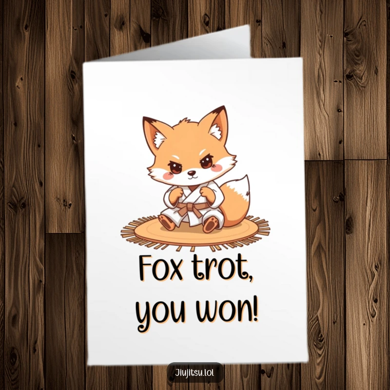 Funny Free Printable Congratulations Card: A determined little fox in a gi rolls smoothly on a mat. Clever downloadable art.