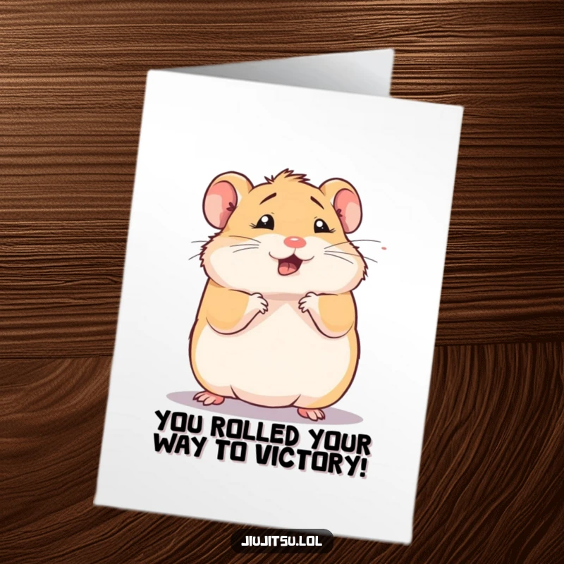 Funny Free Printable Congratulations Card: A squishy hamster in a comical defensive roll, looking dizzy, celebrating success.