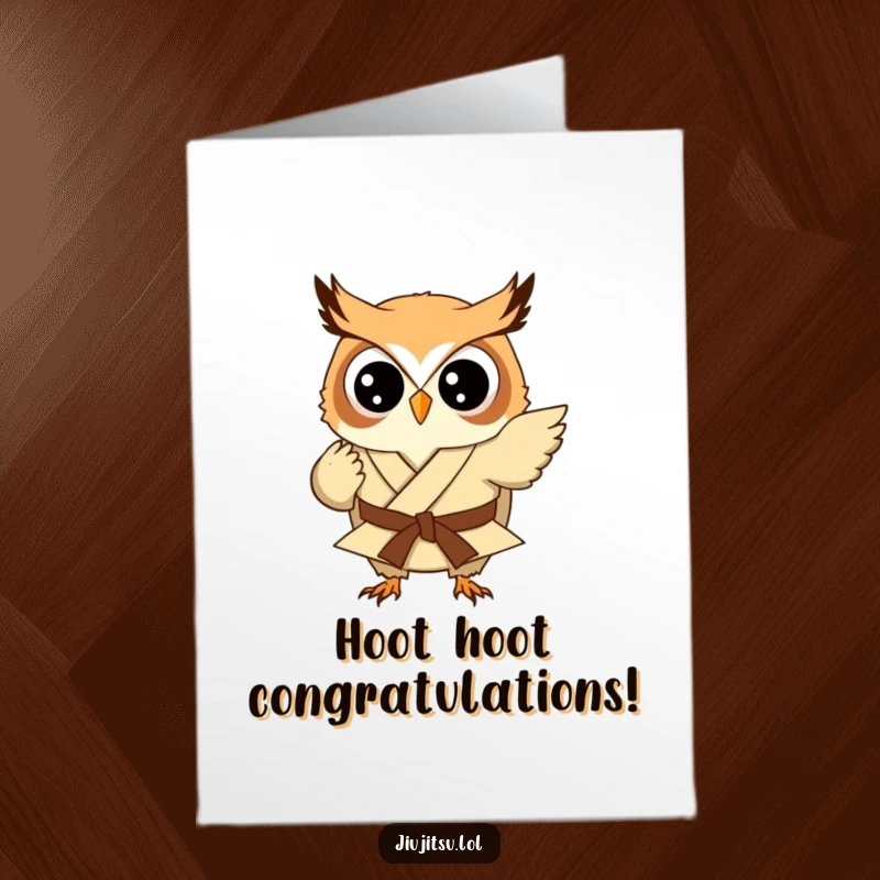 Funny Free Printable Congratulations Card: A small, round owl in a gi hilariously tries a judo sweep. Downloadable and cute.