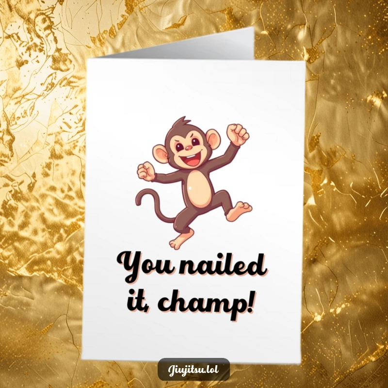 Funny Free Printable Congratulations Card: Mischievous monkey in a sparring pose, celebrating a win with humor.