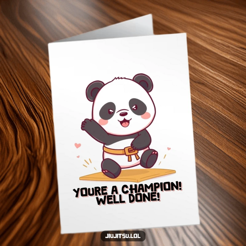 Free Printable Congratulations Card: A determined panda bear wearing a belt executes a playful mat sweep, celebrating their success.